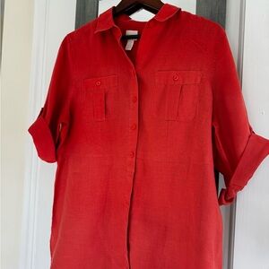 Chico's No-Iron Orange Linen Pocket Button Down Shirt Preppy Officecore Dopamine